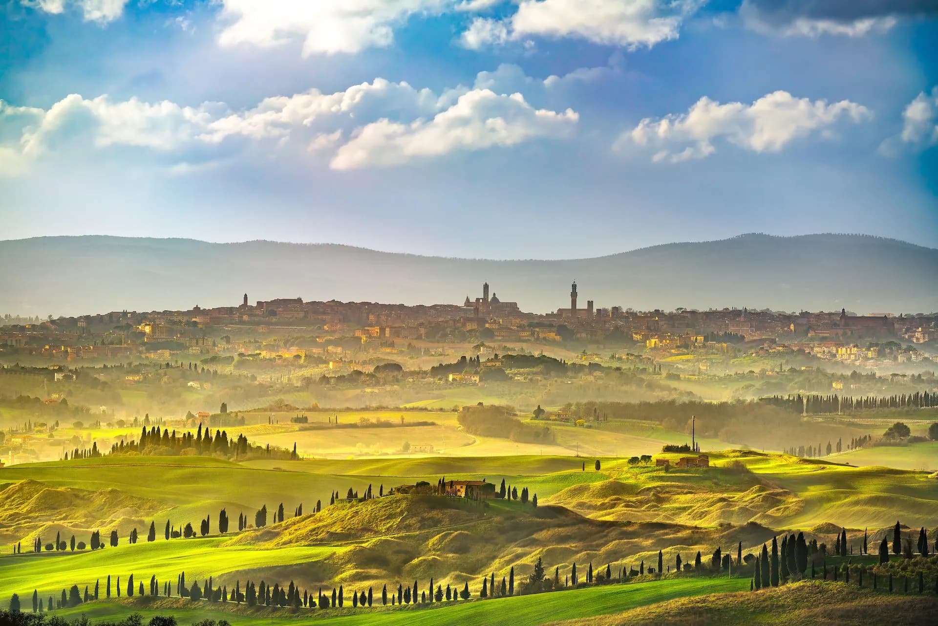 View of Siena city skyline above rolling green Tuscan hills with cypress trees under a blue sky.