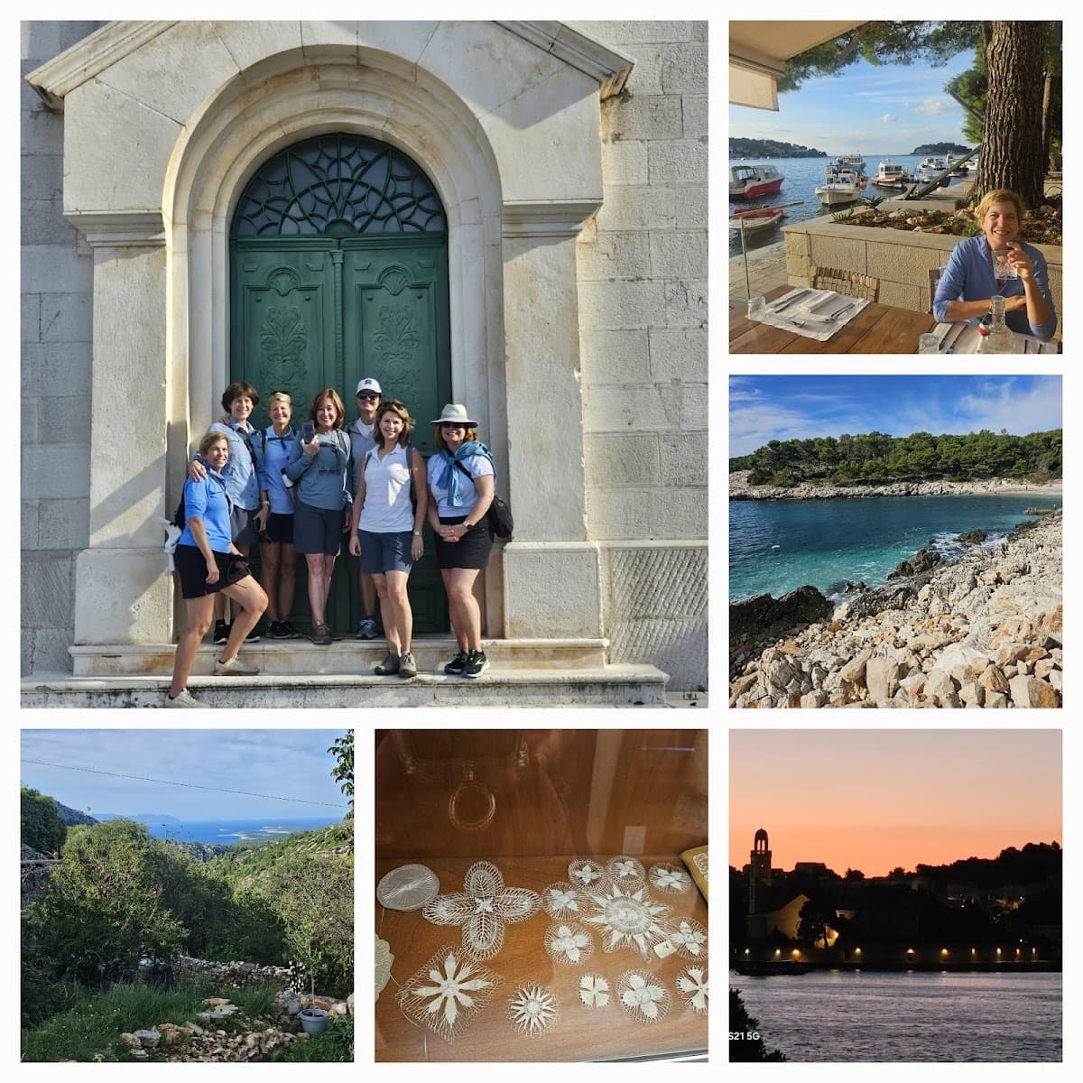 Collage of travel photos: group by church, woman dining by harbor, rocky cove, hillside view, lace display, and town silho...