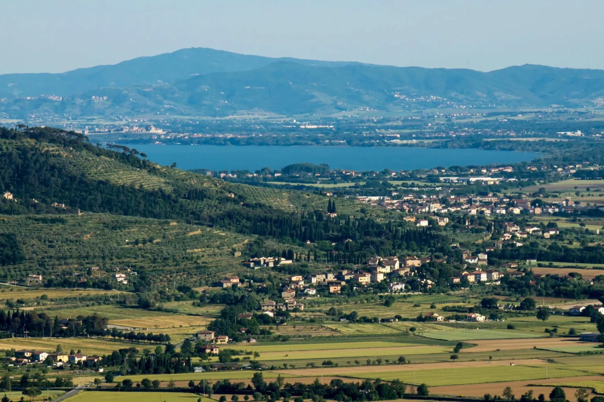 Hilly landscape with olive groves, fields, and town overlooking Lake Trasimeno and distant mountains.