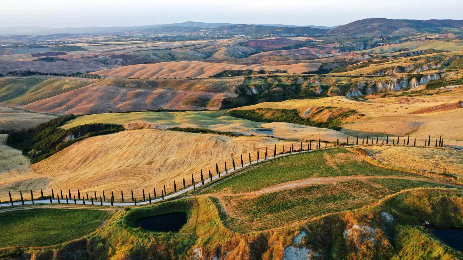 Rolling hills of Tuscany with golden fields, cypress-lined road, and distant mountains